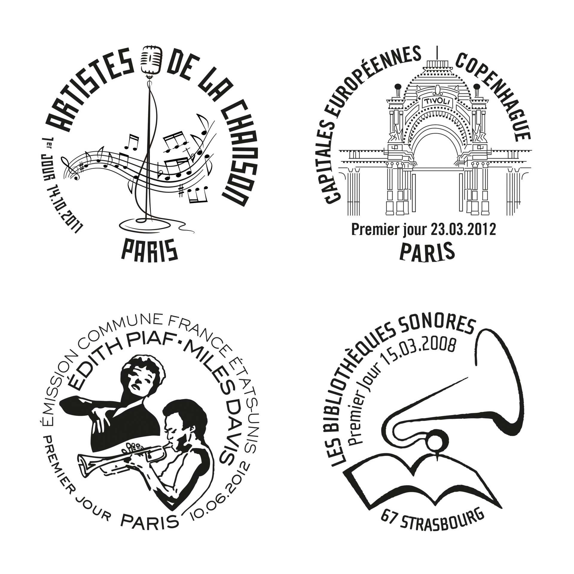 des illustrations très stylisées pour les cachets postaux qui accompagnent les timbres pour LA POSTE