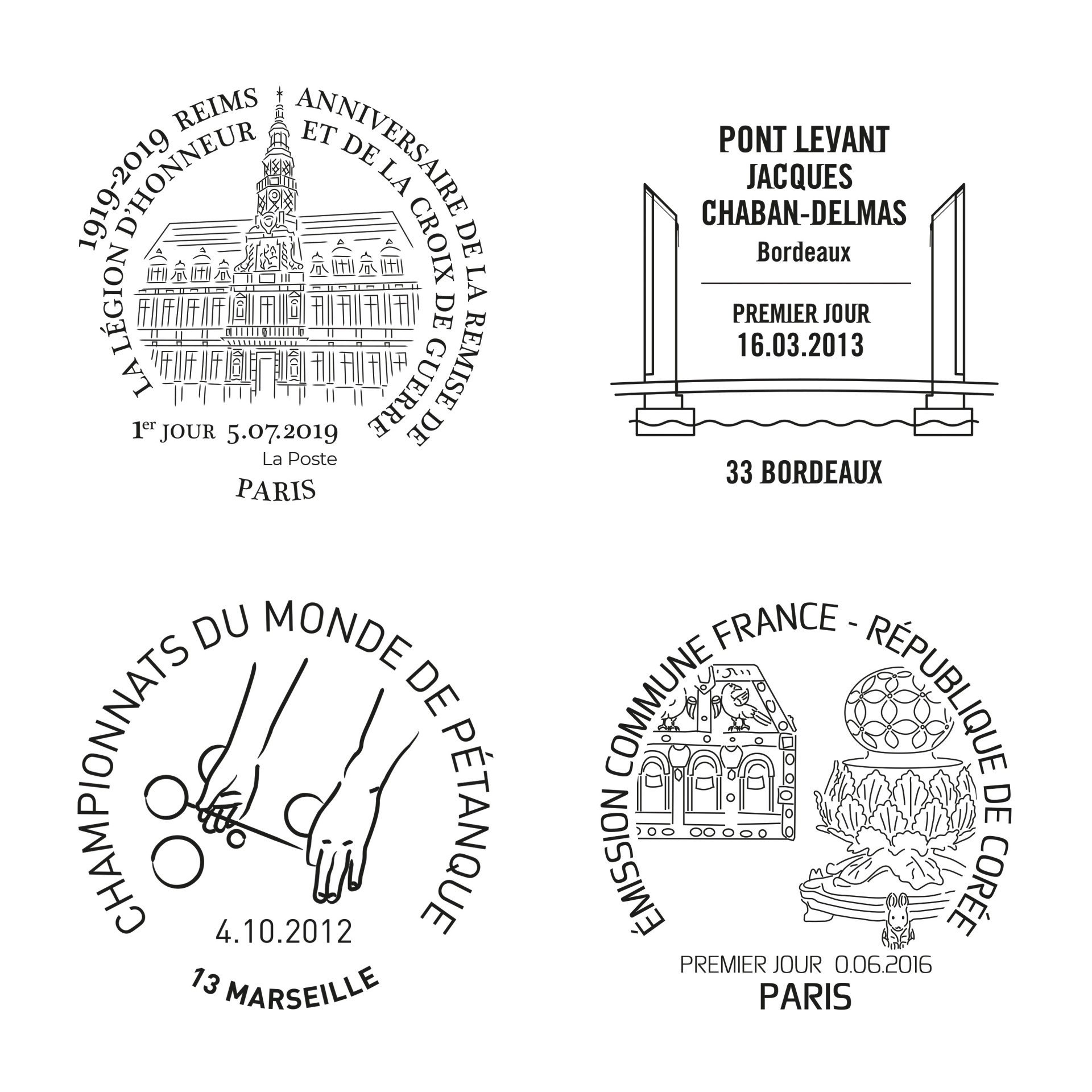 des illustrations très stylisées pour les cachets postaux qui accompagnent les timbres pour LA POSTE
